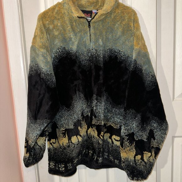 Vintage 90s Mazmania Wild Horses XXL Fleece Full Zip Up - Picture 1 of 10